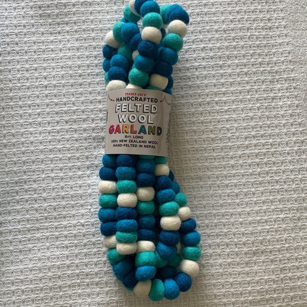 Trader Joe’s Handcrafted Felted Wool Garland - Blue, teal, and White 9 feet long